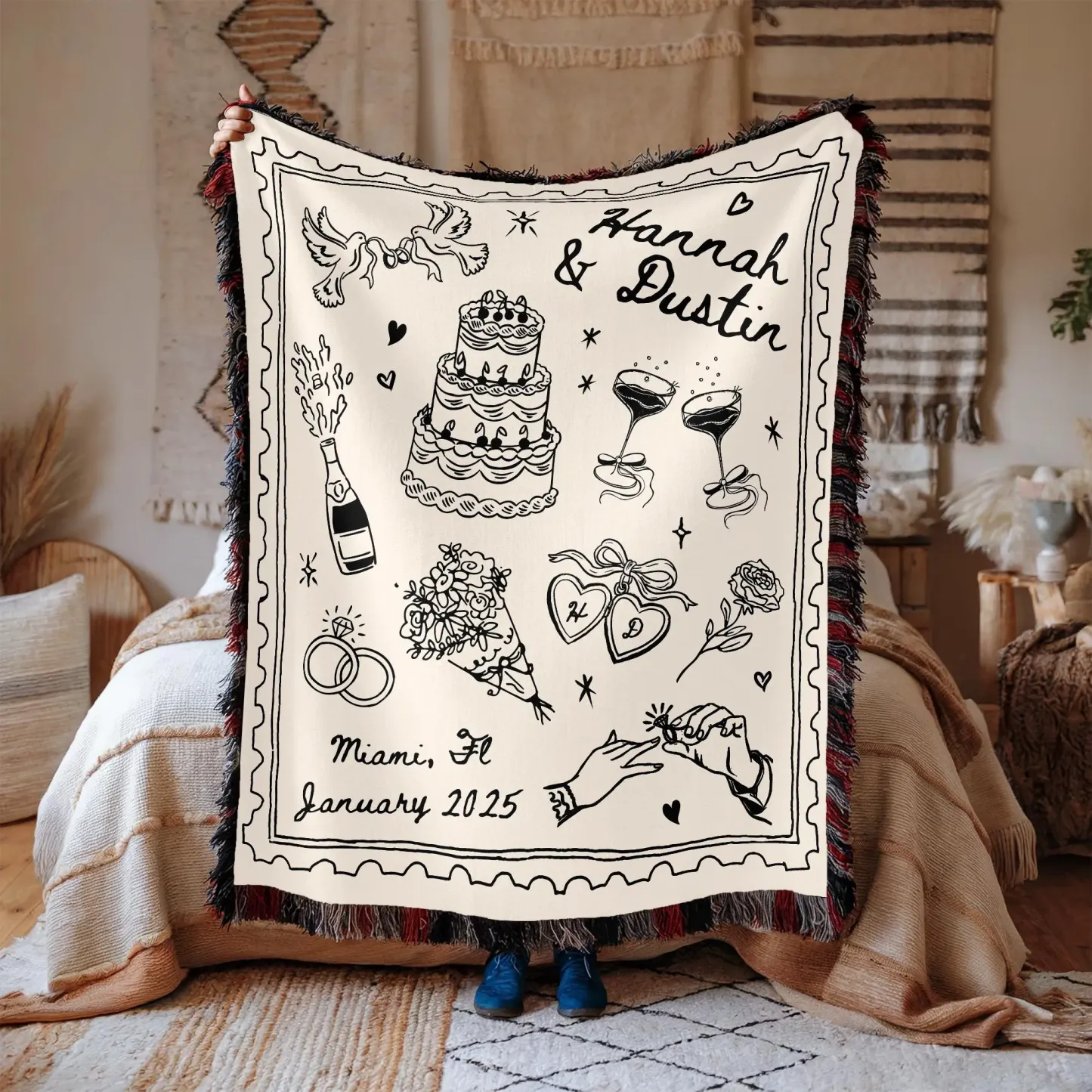 Personalized Whimsical Wedding Woven Blanket Custom Couple Names and Date Cotton Throw Gift for Newlyweds