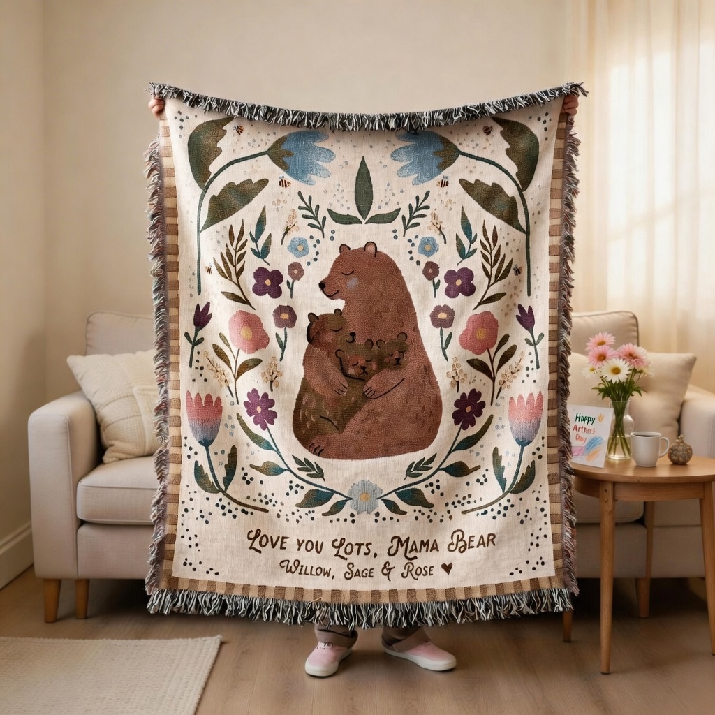 Mama Bear Personalized Blanket with Kids' Names for Mom Custom Bear Family Blanket Mothers Day Gift
