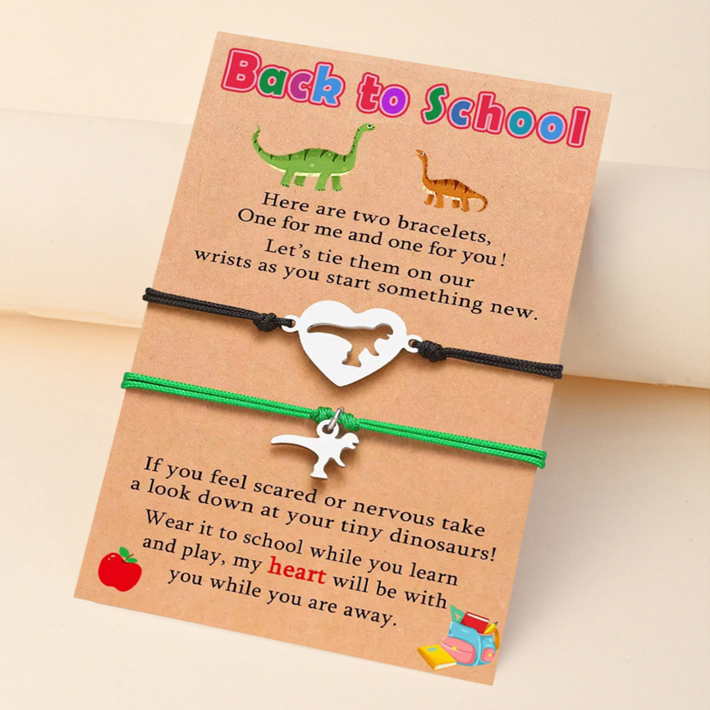 Mommy and Me Dinosaur "Back to School" Bracelets Matching Parent & Child Separation Anxiety Gift Adjustable - aiprintlab