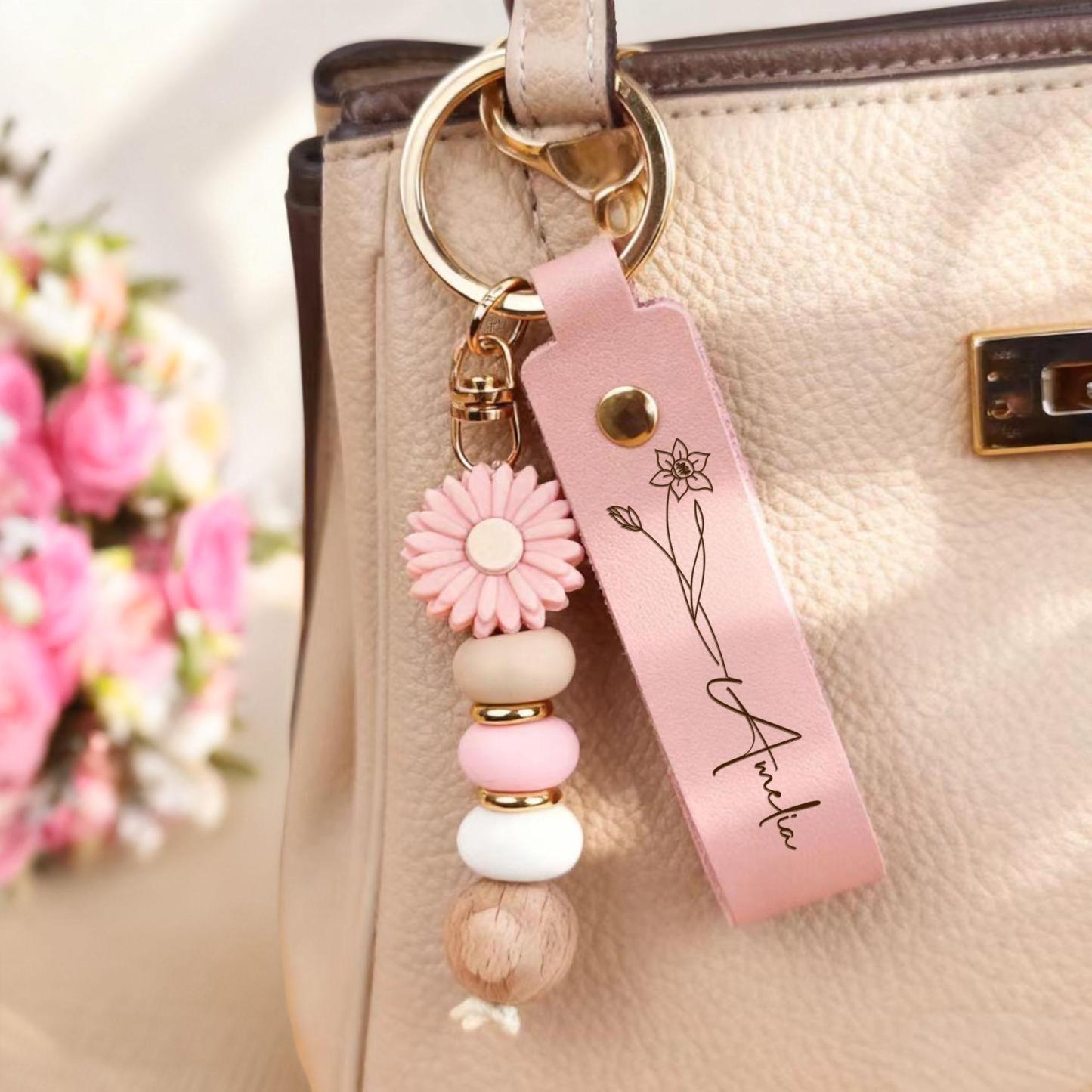 Personalized Name Leather Keychain Custom Name Birth Flower Keyring Daily Accessory Gift for Her