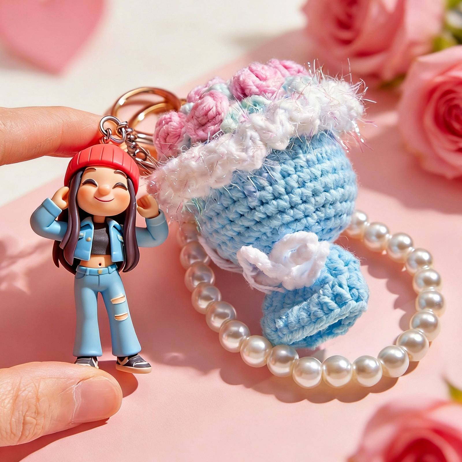 Custom 3D Figurine Keychain From Photo Knitted Bouquet Keyring Personalized Romantic Gift for Couples Valentines Day Anniversary - aiprintlab