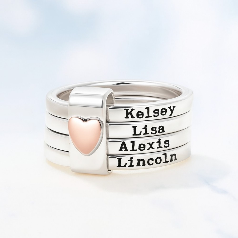 Personalized Sterling Silver Heart Name Stacking Ring Custom Engraved 2-7 Names Jewelry, Perfect Christmas, Valentine's & Birthday Gift for Mom Grandma - aiprintlab