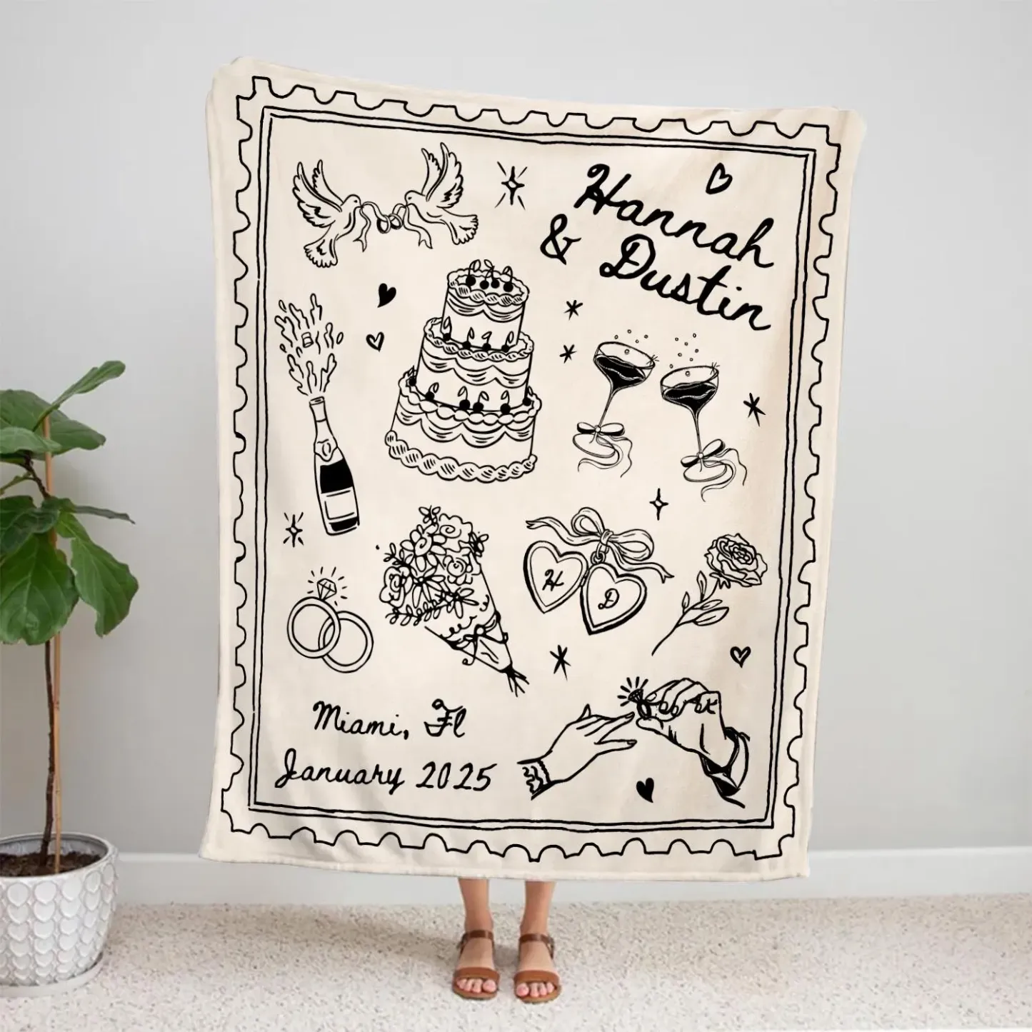 Personalized Whimsical Wedding Woven Blanket Custom Couple Names and Date Cotton Throw Gift for Newlyweds