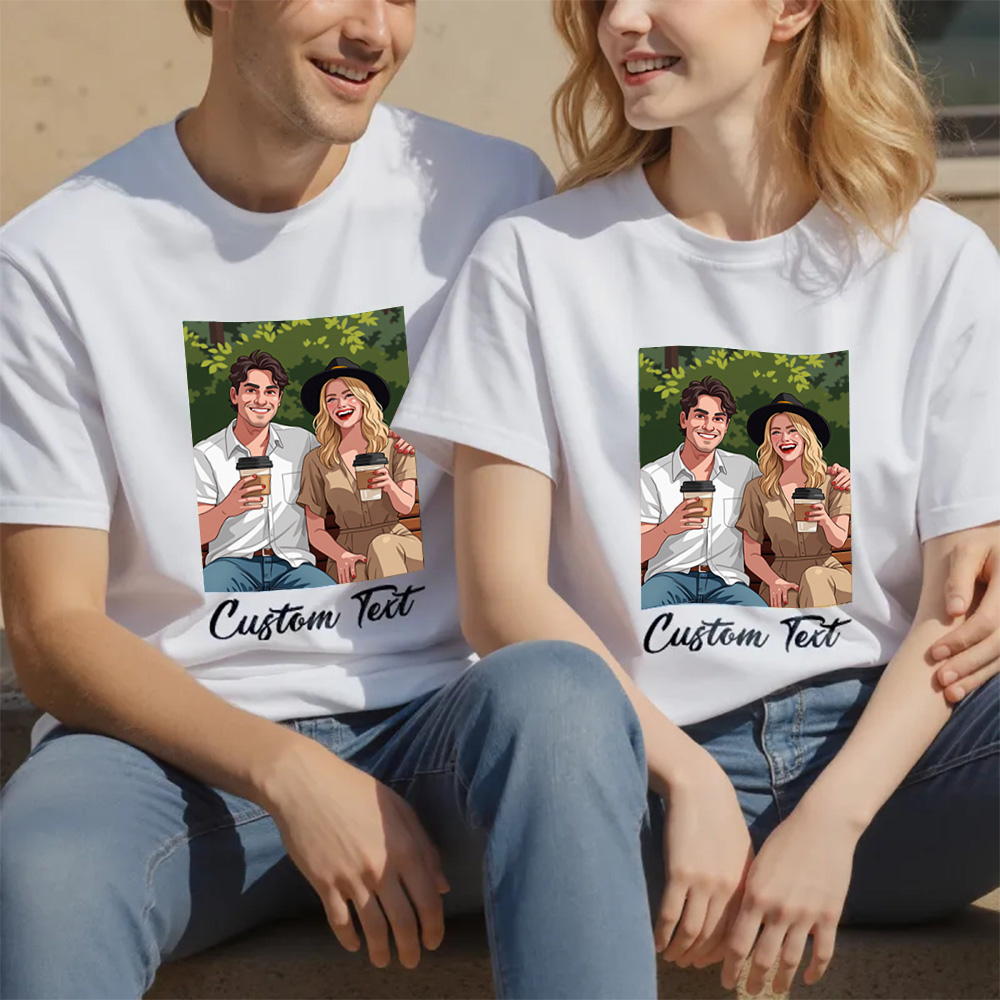 Custom Cartoon Style Photo T-Shirt Personalized Anime Portrait Tshirt with Custom Text Flat Style Valentine’s Day Gift for Couples
