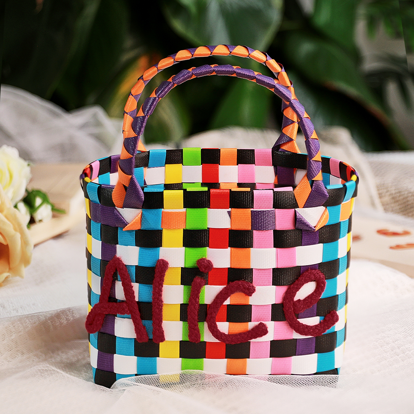 Custom Name Handbag Plastic Woven Basket Summer Fresh Color Matching Gift Basket Vegetable Basket Seaside Beach Bag