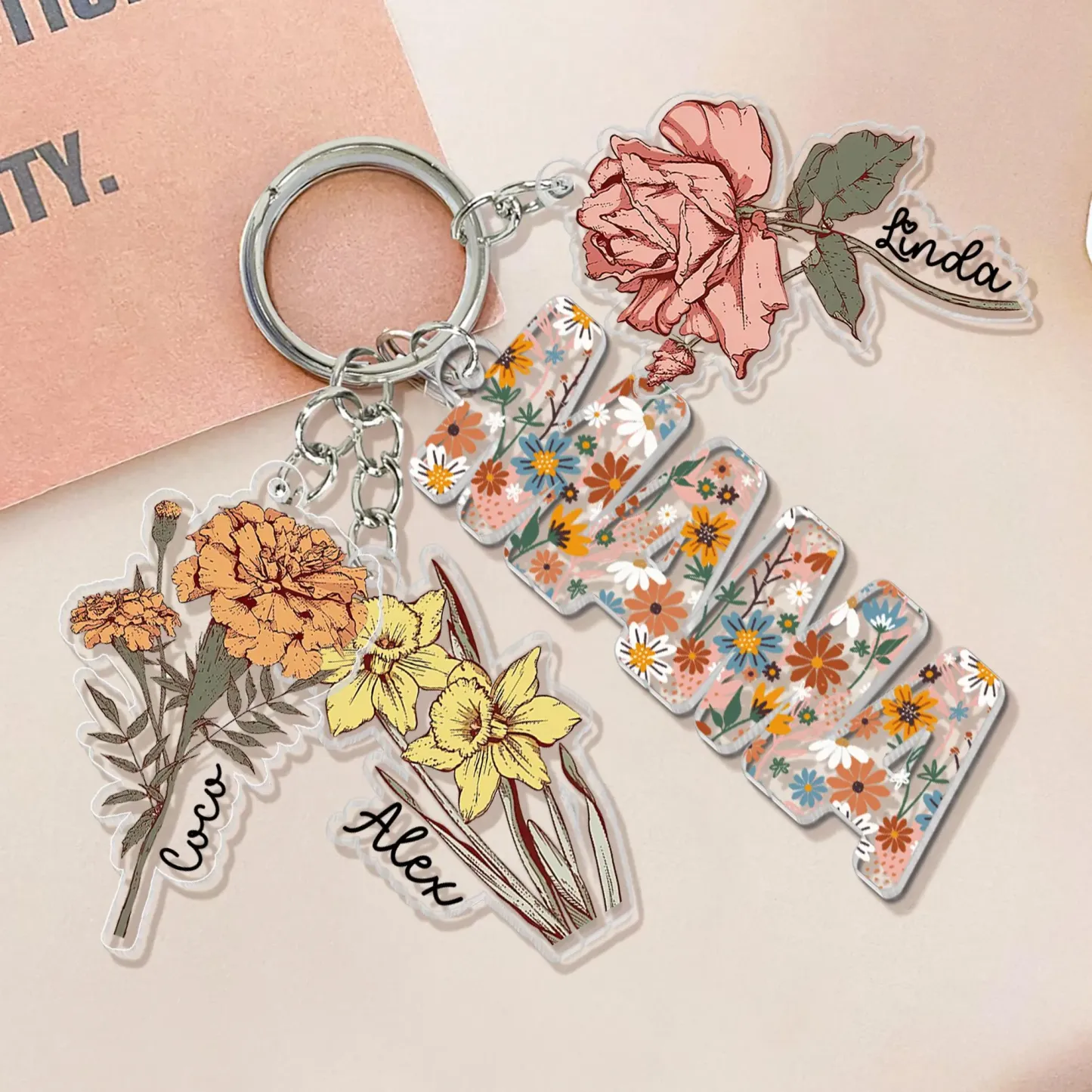 Personalized Family Birth Flower Keychain Custom Name Acrylic Keyring Floral Mother's Day Gift for Her