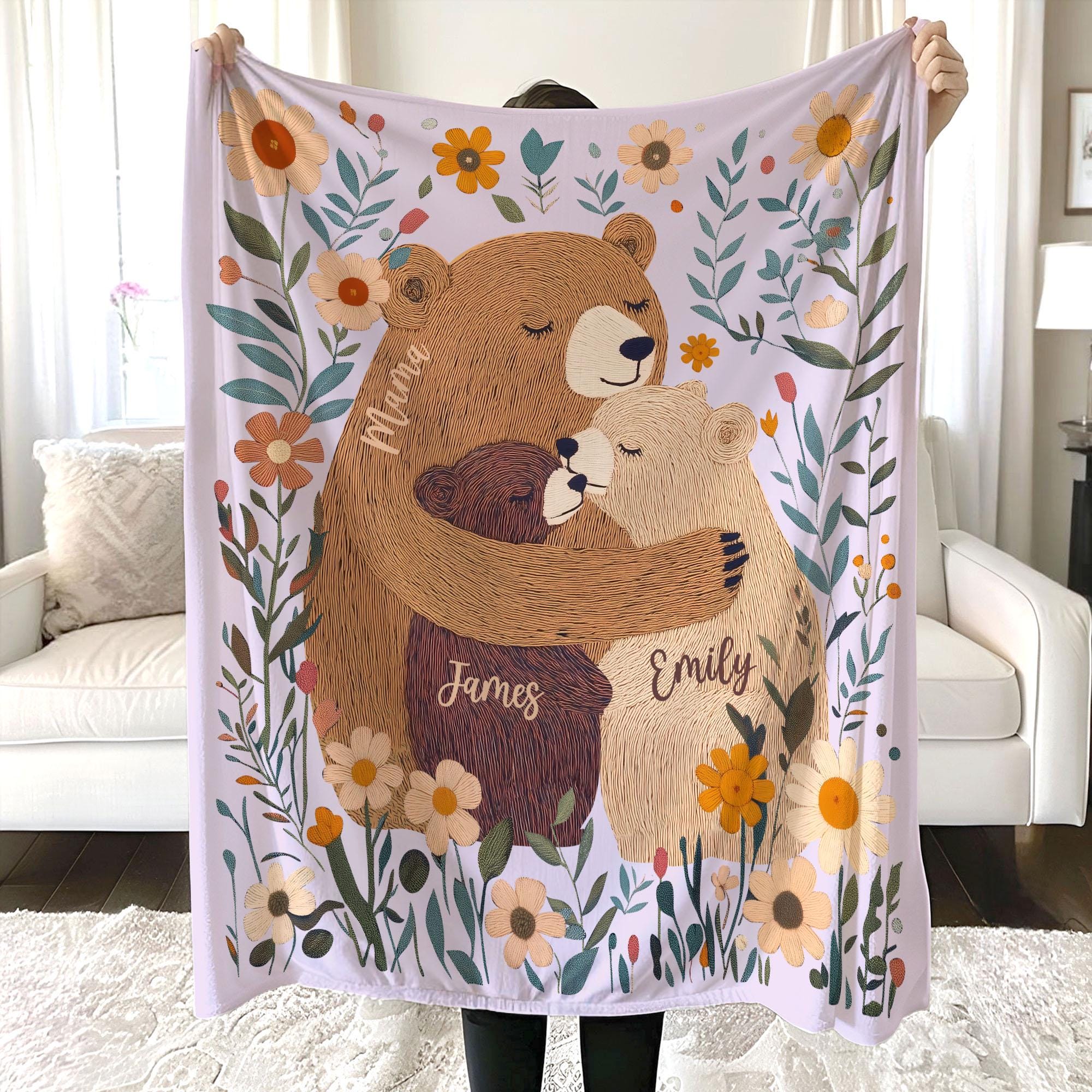 Personalized Mama Bear and Cubs  Blanket Custom Bear Family Blanket Mama Bear Throw Blanket Mother's Day Gift