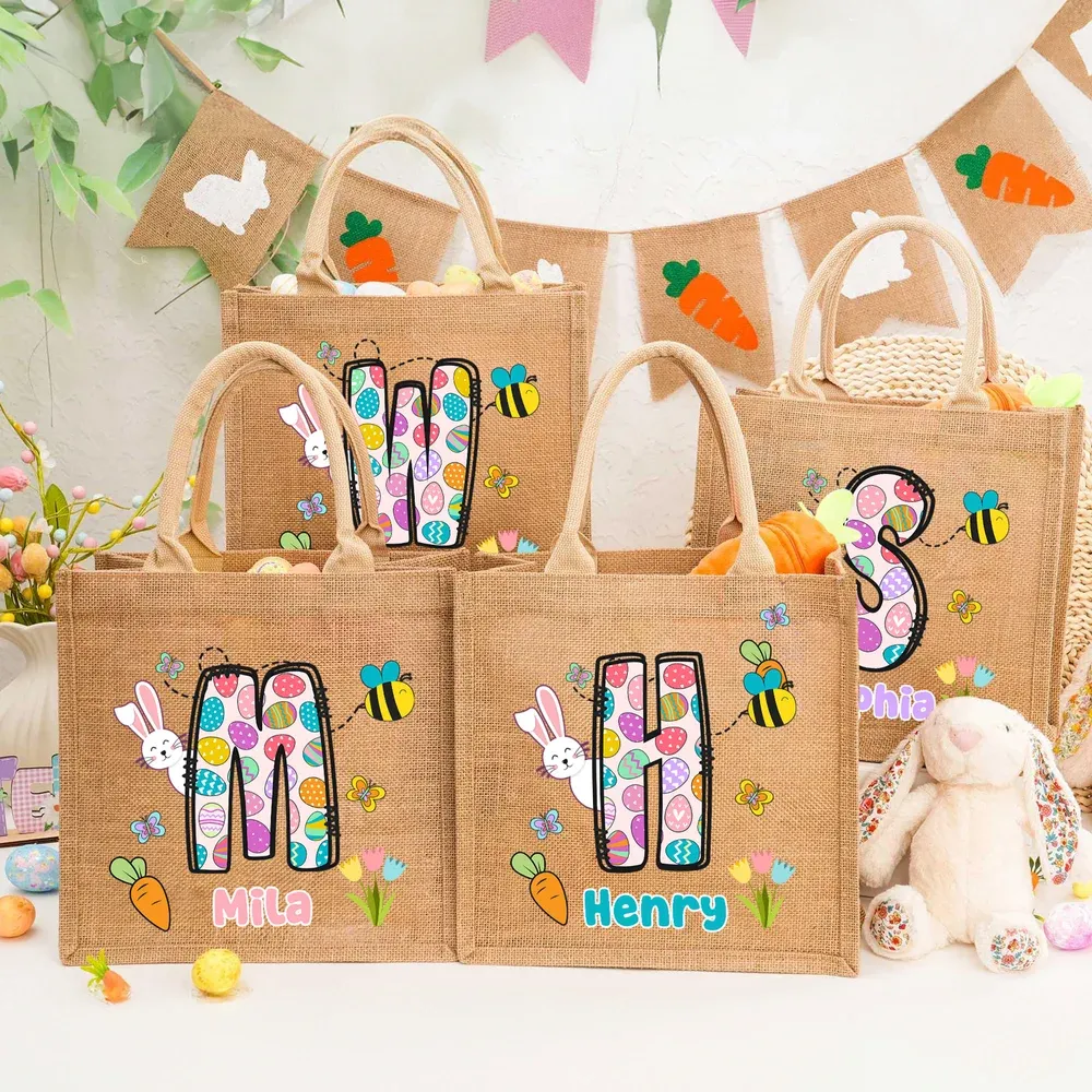 Personalized Easter Egg Initial Bunny Jute Tote Bag Custom Easter Egg Hunting Bag With Custom Name Gifts for Kids - aiprintlab