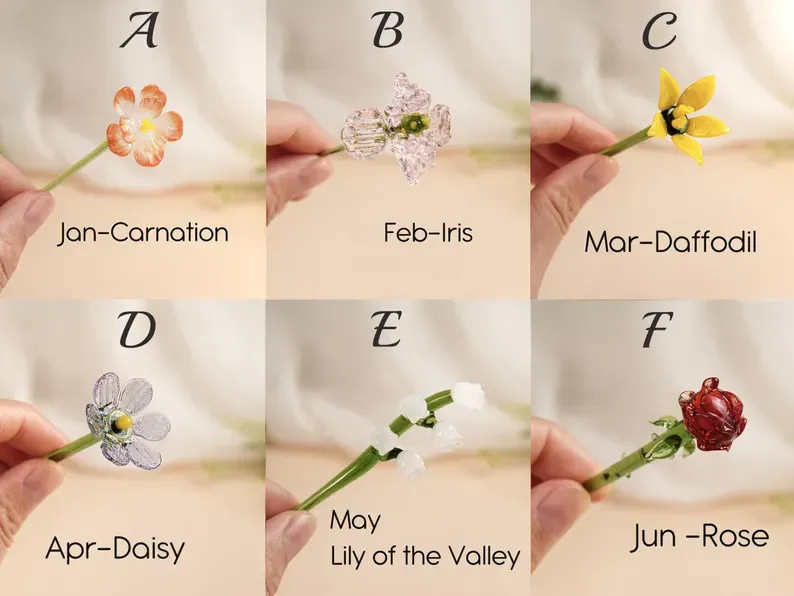 Personalized Glass Birth Flower Bouquet, Mini Floral Gift for Mom, Grandma, Mother’s Day gift