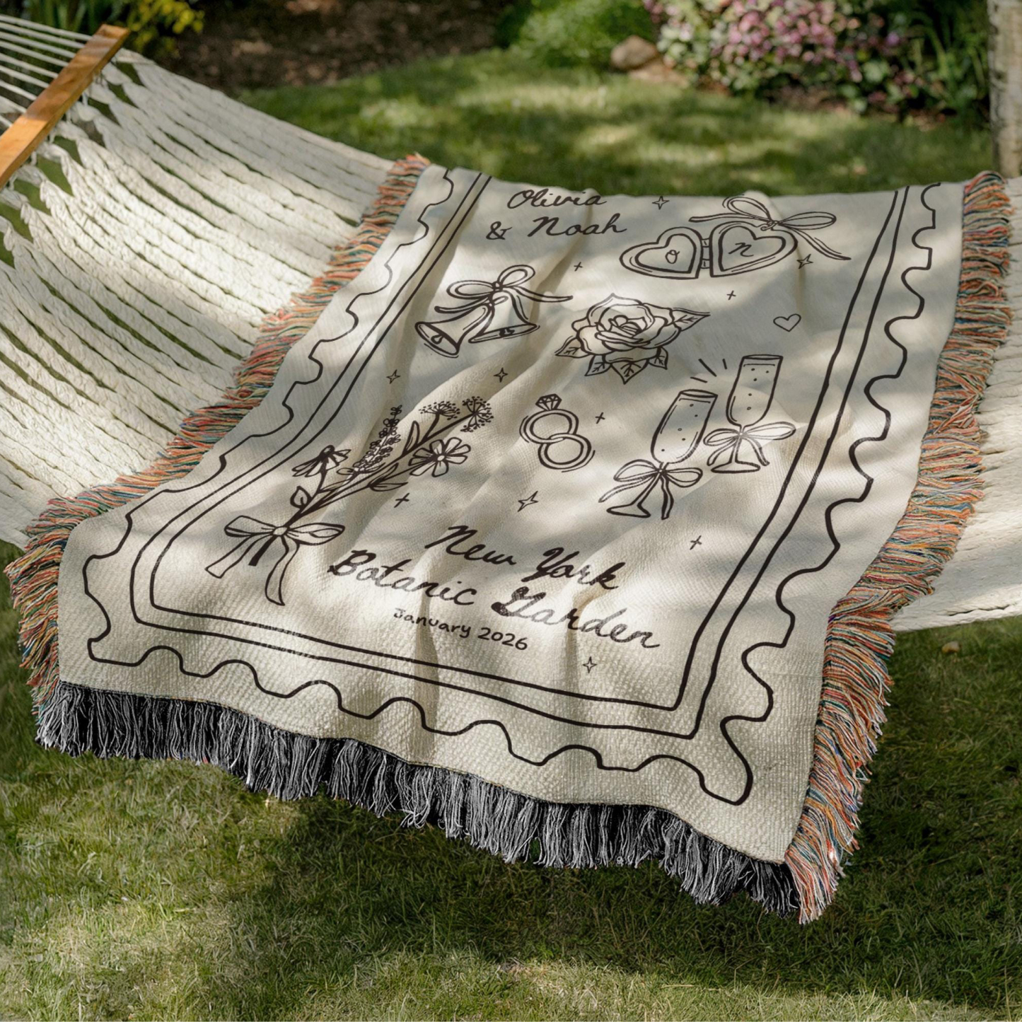 Custom Wedding Woven Blanket Personalized Names and Anniversary Date Cotton Throw Keepsake for Newlyweds