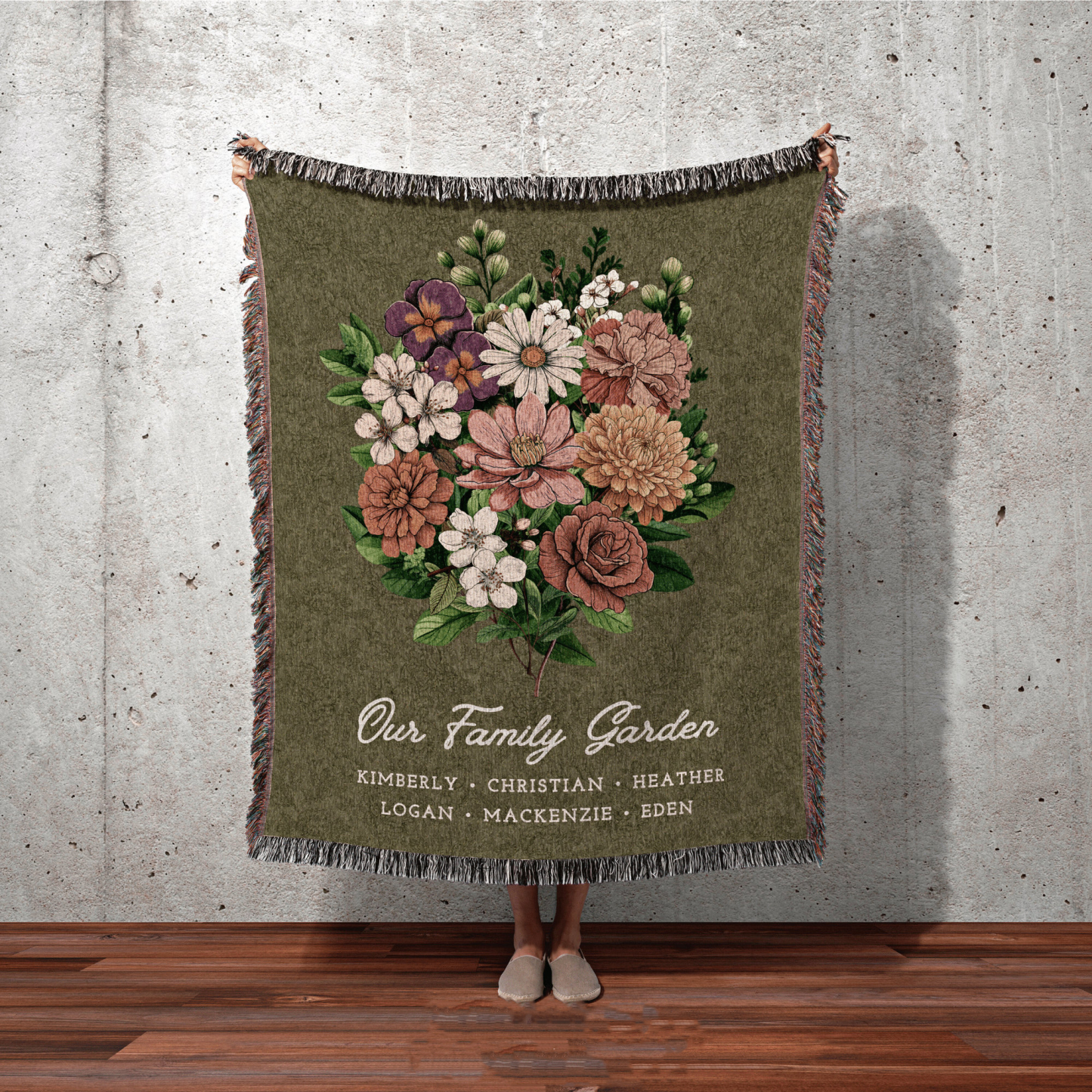 Mother's Day Gift for Custom Birth Flower Blanket with Kids' Names Personalized Birth Flower Garden Blanket for Mom