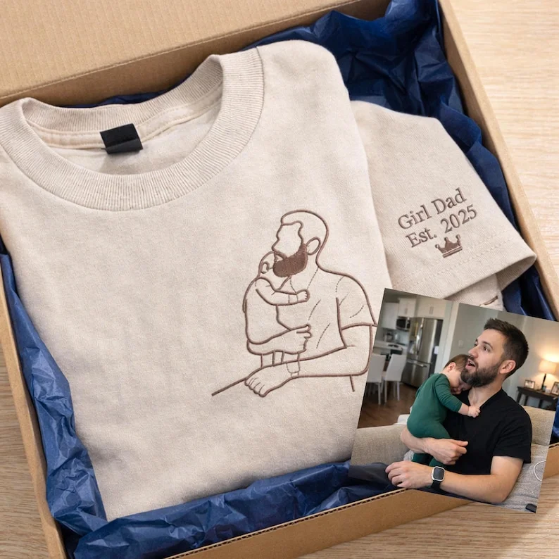 Custom Dad Photo Shirt - Embroidered Dad & Kids Portrait - Personalized Father's Day Keepsake Gift
