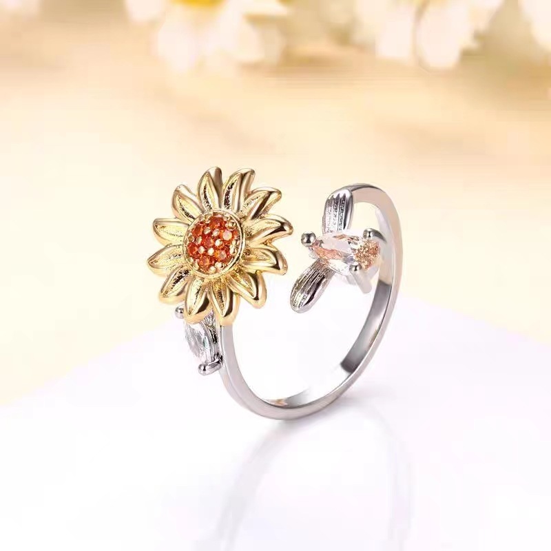 Sunflower Fidget Ring Custom Anxiety Relief Spinning Ring Personalized Message Band Spinner Ring Gift for Her - aiprintlab