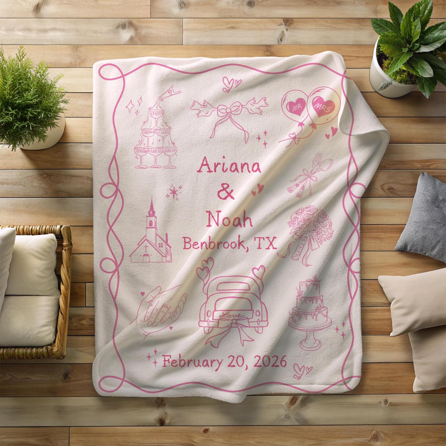 Custom Whimsical Married  Blanket Personalized Names and Wedding Date Cotton Throw Fun Couple Gift for Newlyweds