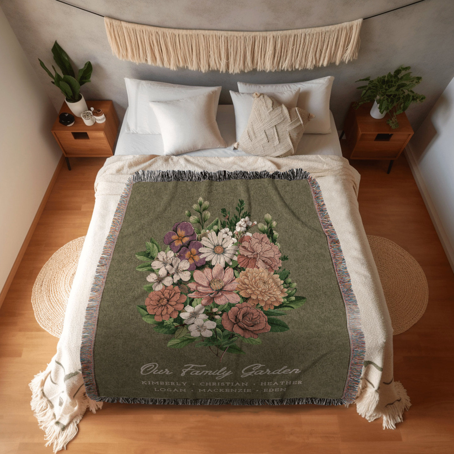 Mother's Day Gift for Custom Birth Flower Blanket with Kids' Names Personalized Birth Flower Garden Blanket for Mom