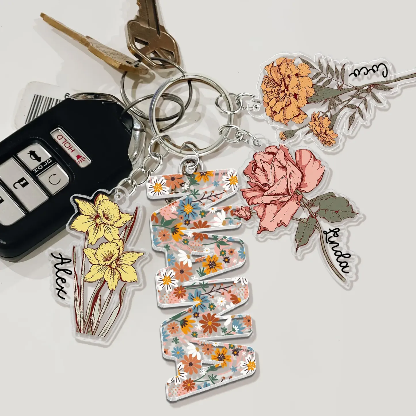 Personalized Family Birth Flower Keychain Custom Name Acrylic Keyring Floral Mother's Day Gift for Her