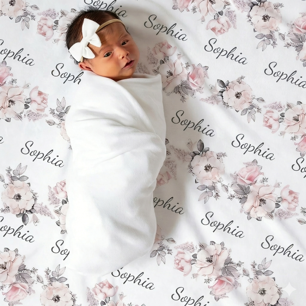 Personalized Name Floral Swaddle Custom Name Baby Blanket Newborn Coming Home Gift for Baby Girl