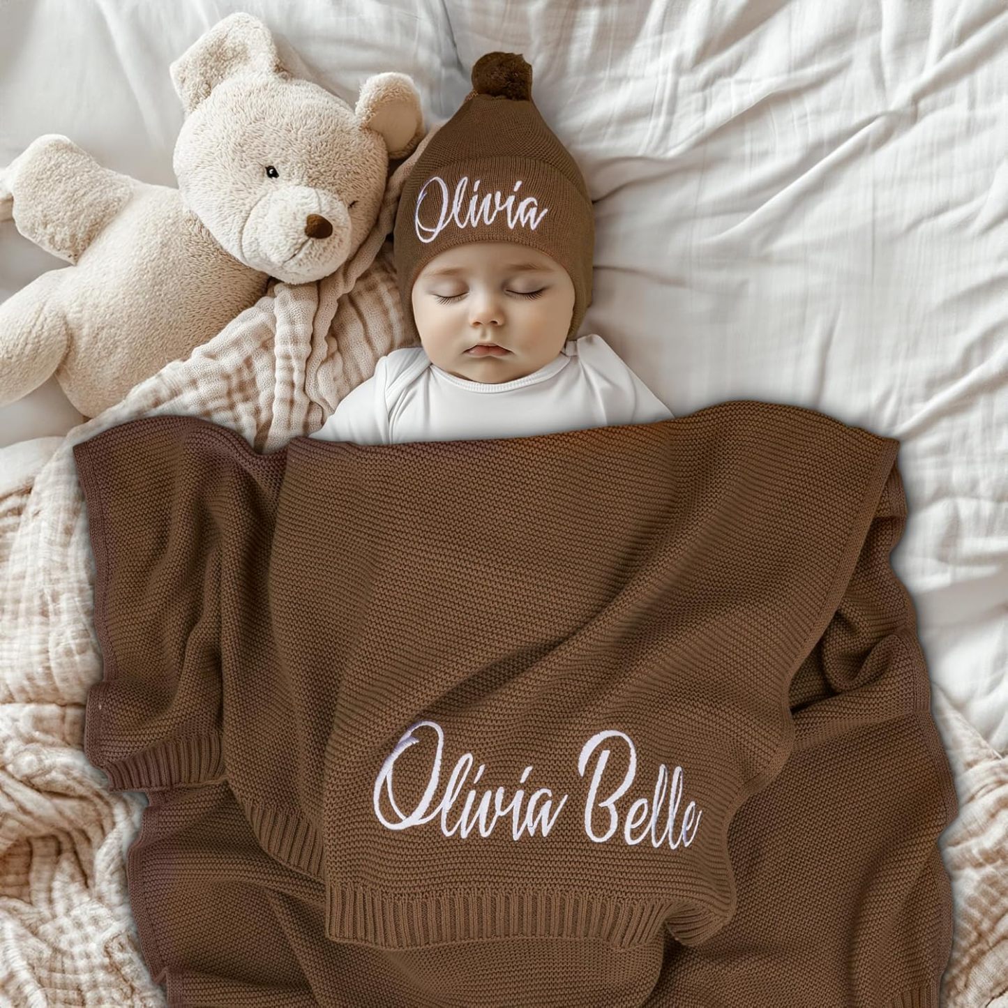 Personalized Name Swaddle Blanket Custom Name Knit Blanket Organic Cotton Receiving Bag for Baby Shower Gift for New Parents