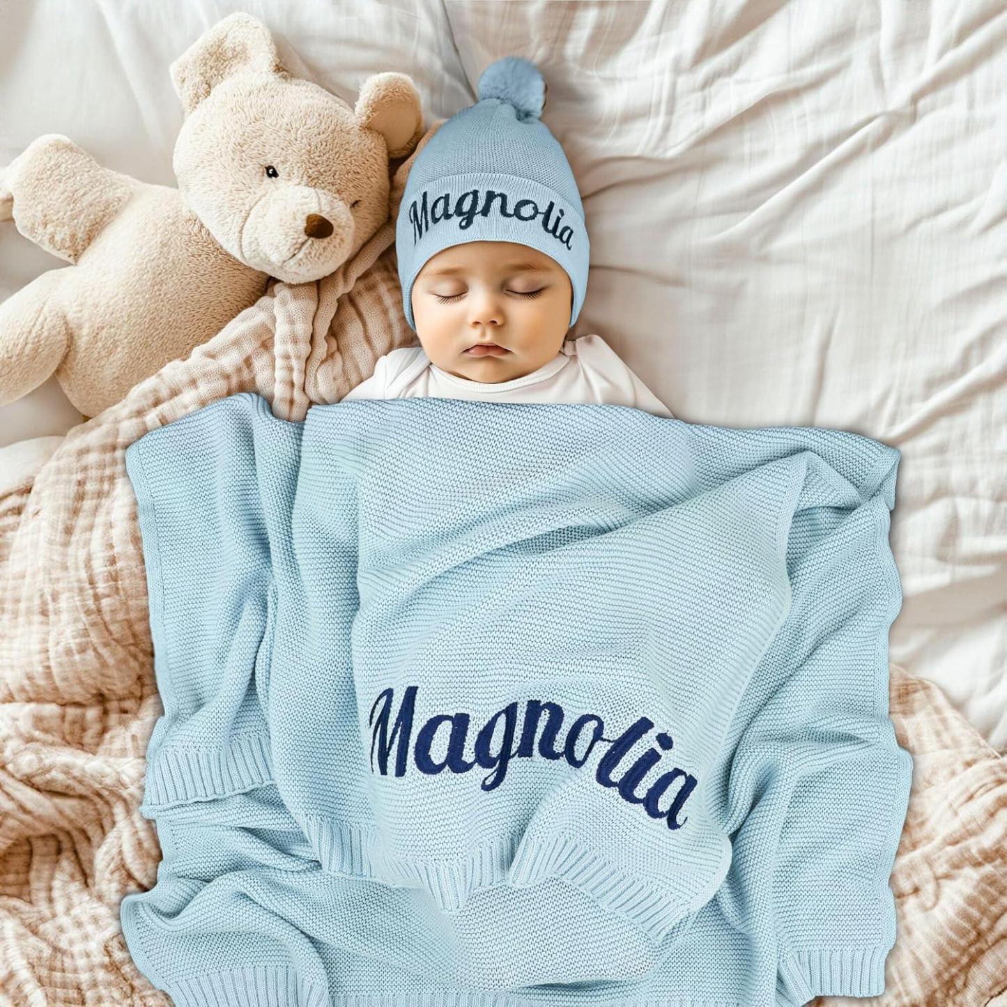 Personalized Name Swaddle Blanket Custom Name Knit Blanket Organic Cotton Receiving Bag for Baby Shower Gift for New Parents