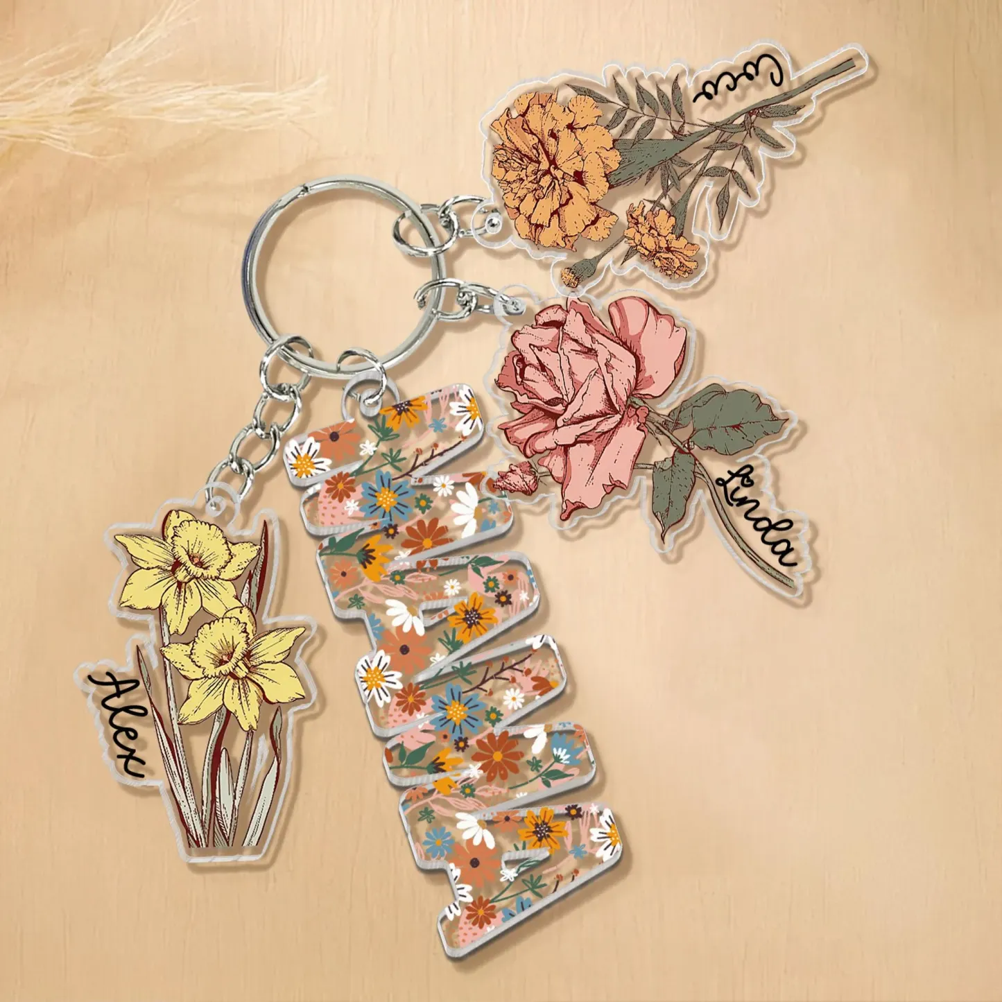Personalized Family Birth Flower Keychain Custom Name Acrylic Keyring Floral Mother's Day Gift for Her