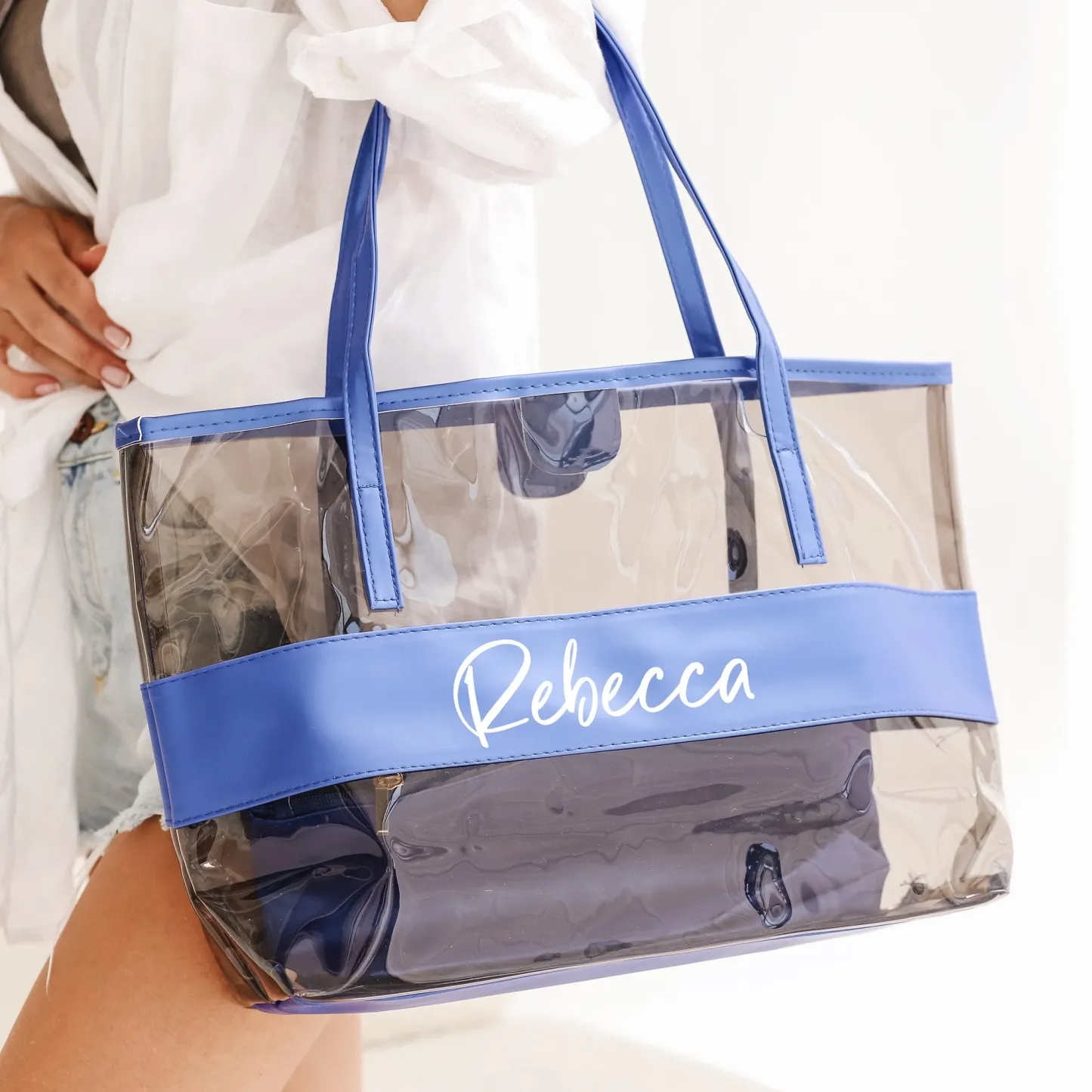 Personalized Clear Tote Bag Custom Name Transparent Shoulder Bag Personalized Reusable Beach Tote Bag Gifts for Her
