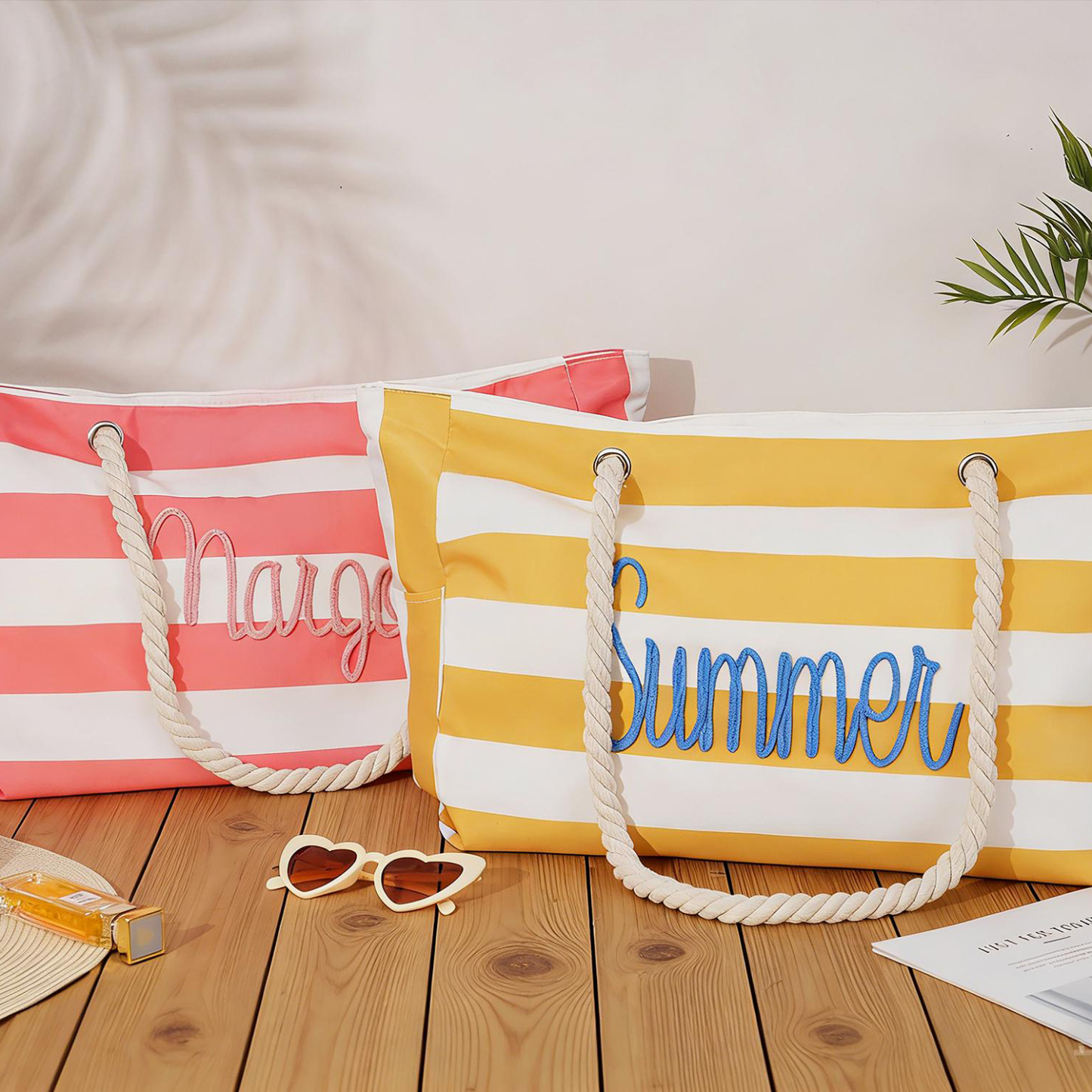 Personalized Name Striped Beach Tote Custom Name Canvas Bag Monogram Summer Vacation Gift for Her