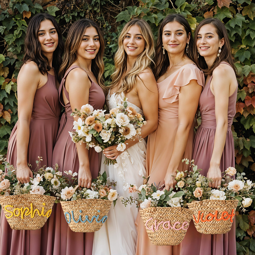 Personalized Embroidered Name Bags Straw Basket Bridal Shower Bags Customized Straw Bags Custom Beach Bag Straw Tote
