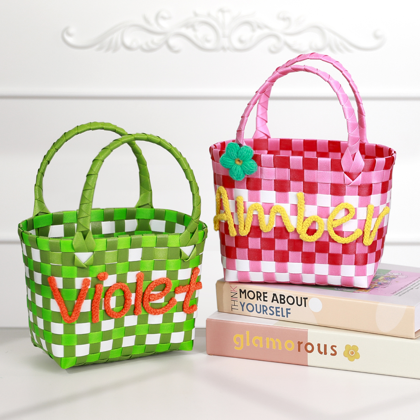 Custom Name Handbag Plastic Woven Basket Summer Fresh Color Matching Gift Basket Vegetable Basket Seaside Beach Bag