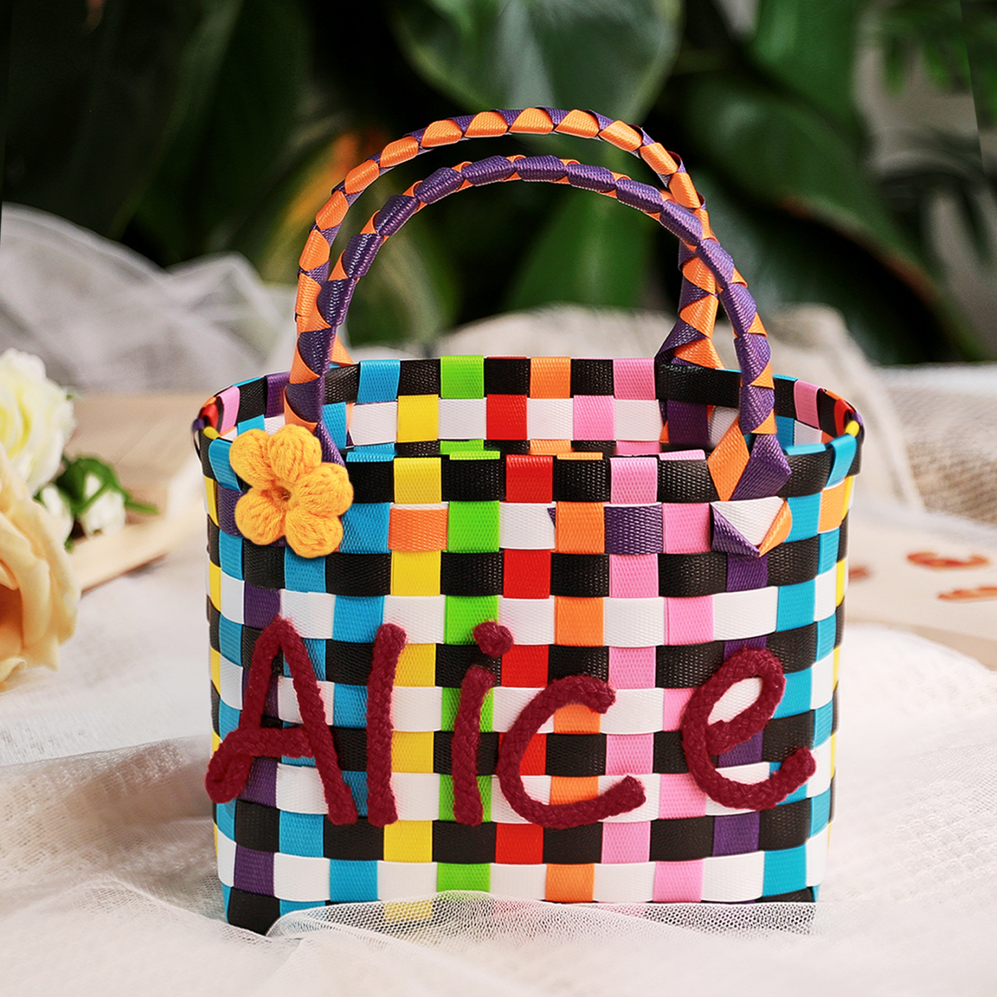 Custom Name Handbag Plastic Woven Basket Summer Fresh Color Matching Gift Basket Vegetable Basket Seaside Beach Bag