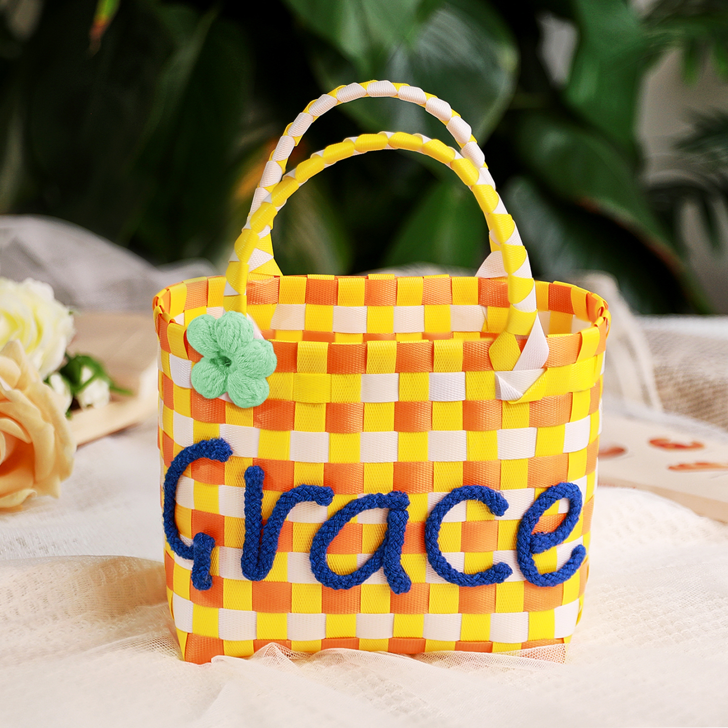 Custom Name Handbag Plastic Woven Basket Summer Fresh Color Matching Gift Basket Vegetable Basket Seaside Beach Bag