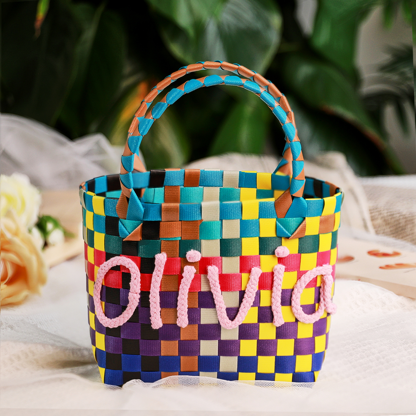 Custom Name Handbag Plastic Woven Basket Summer Fresh Color Matching Gift Basket Vegetable Basket Seaside Beach Bag