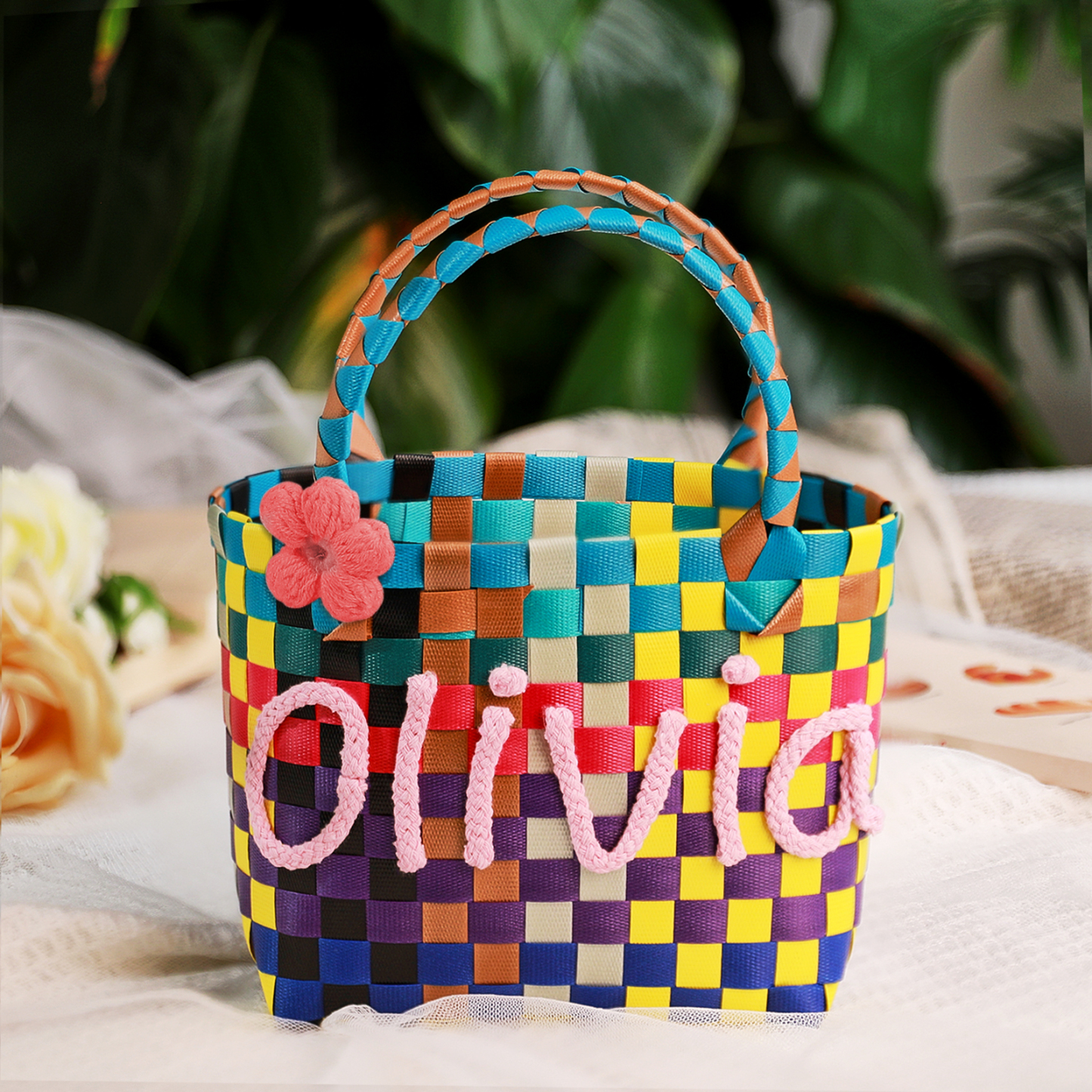 Custom Name Handbag Plastic Woven Basket Summer Fresh Color Matching Gift Basket Vegetable Basket Seaside Beach Bag