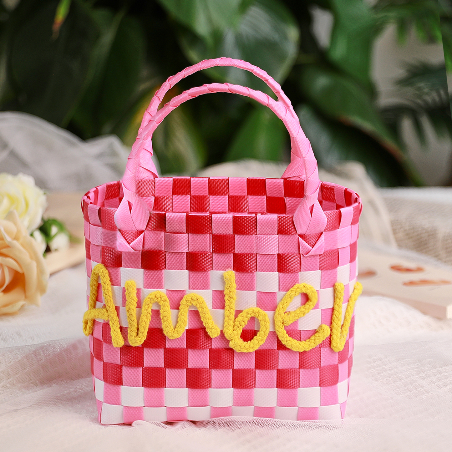 Custom Name Handbag Plastic Woven Basket Summer Fresh Color Matching Gift Basket Vegetable Basket Seaside Beach Bag