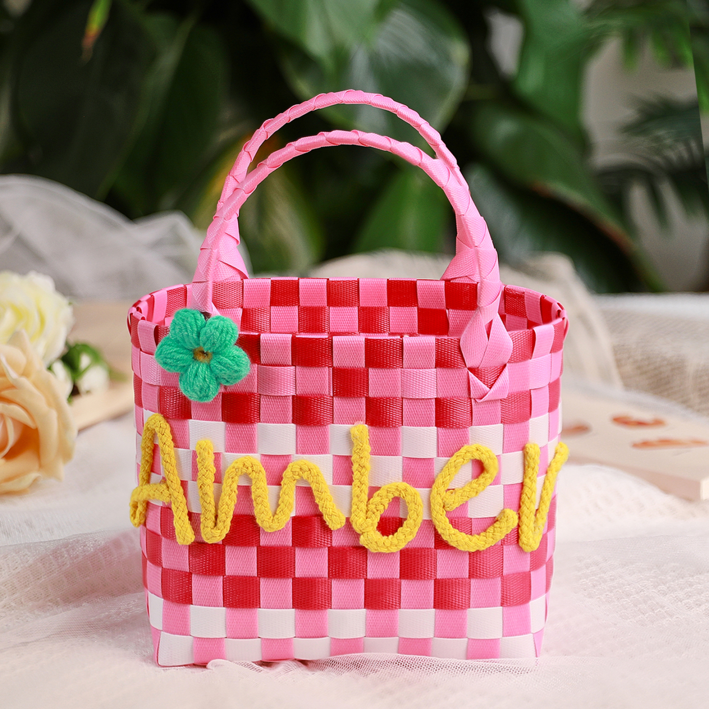 Custom Name Handbag Plastic Woven Basket Summer Fresh Color Matching Gift Basket Vegetable Basket Seaside Beach Bag