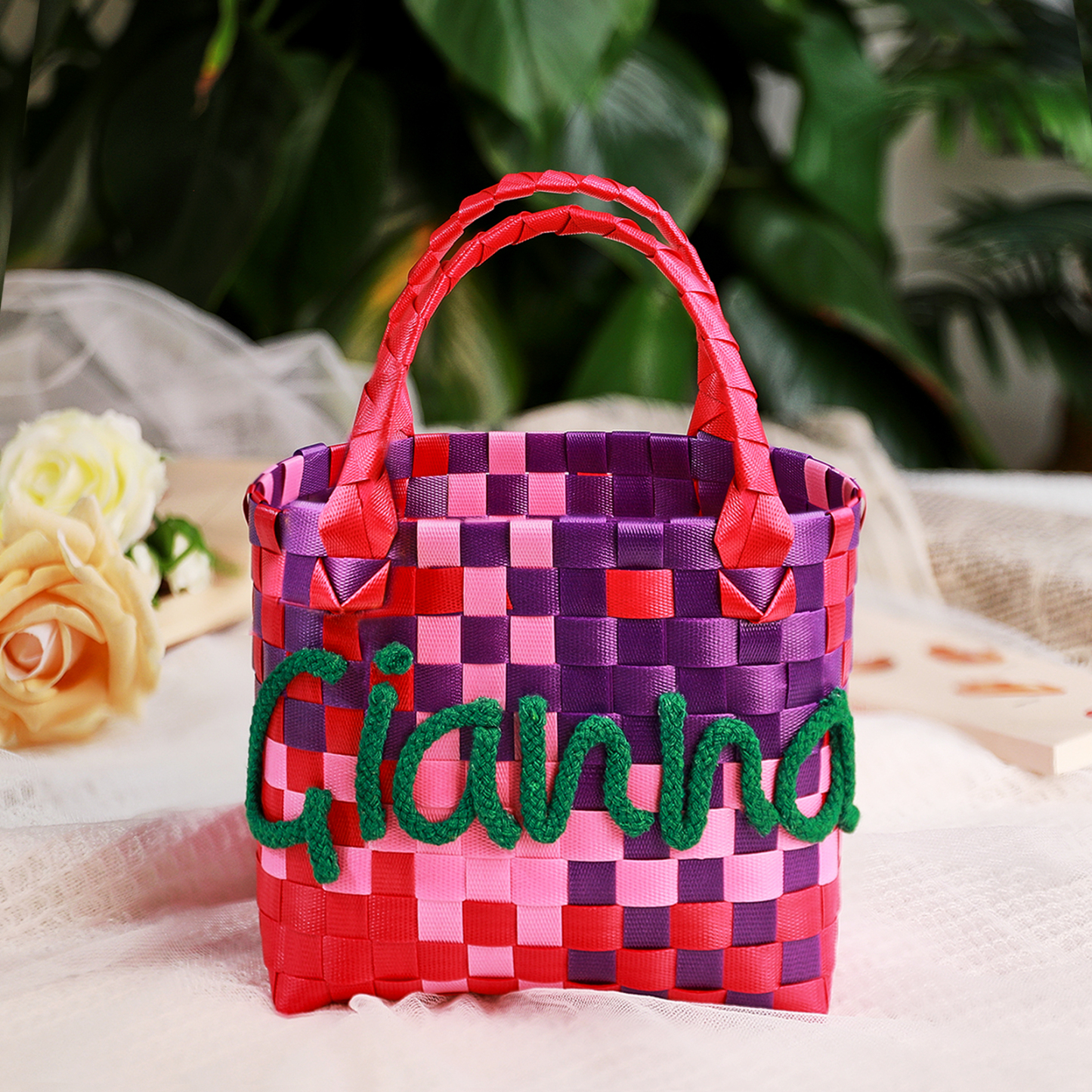 Custom Name Handbag Plastic Woven Basket Summer Fresh Color Matching Gift Basket Vegetable Basket Seaside Beach Bag