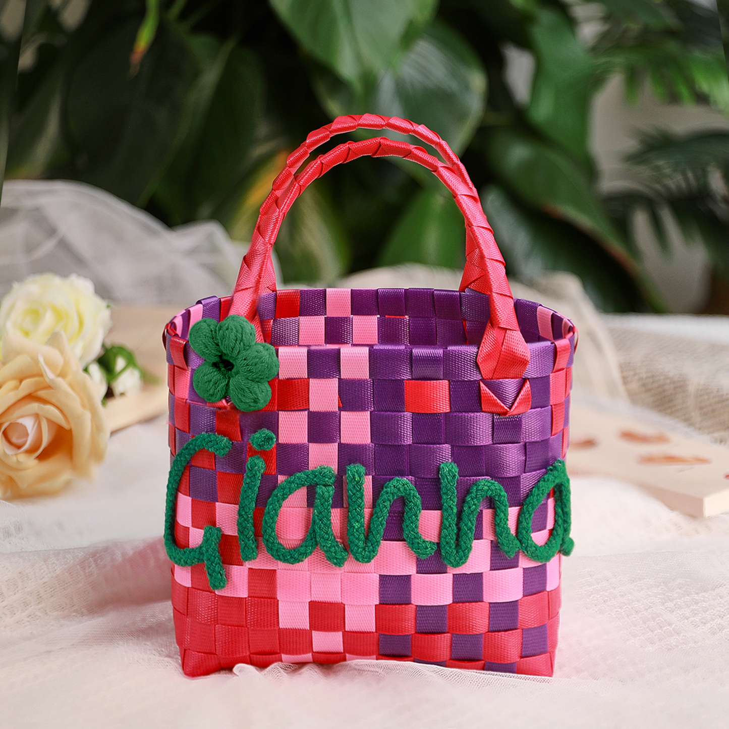 Custom Name Handbag Plastic Woven Basket Summer Fresh Color Matching Gift Basket Vegetable Basket Seaside Beach Bag
