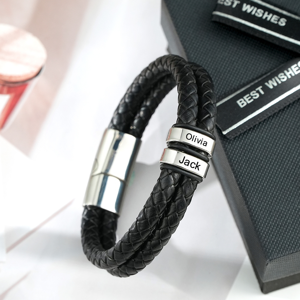 Personalized Engraved Leather Bracelet Custom Bead Braided Leather Bracelet - aiprintlab