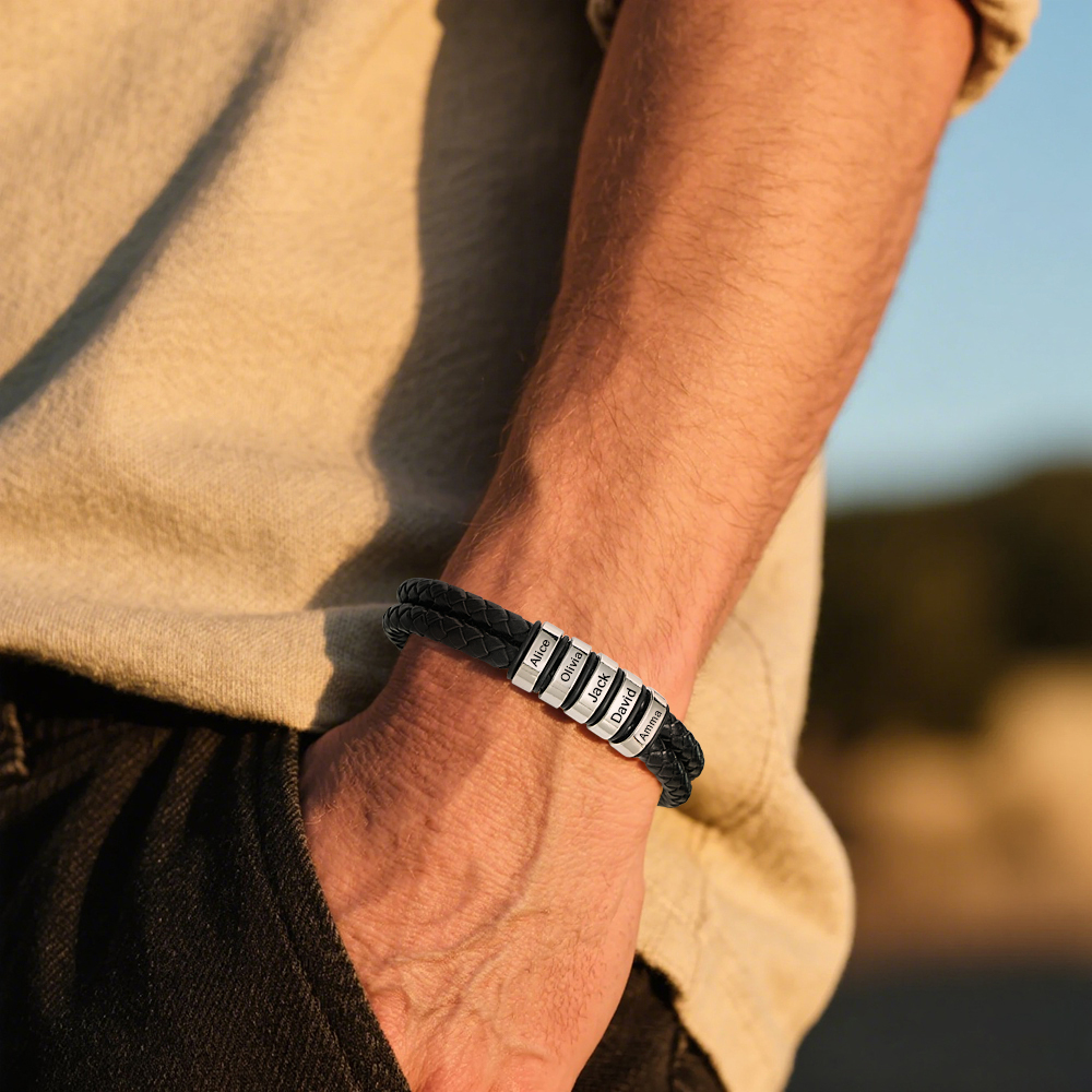 Personalized Engraved Leather Bracelet Custom Bead Braided Leather Bracelet - aiprintlab