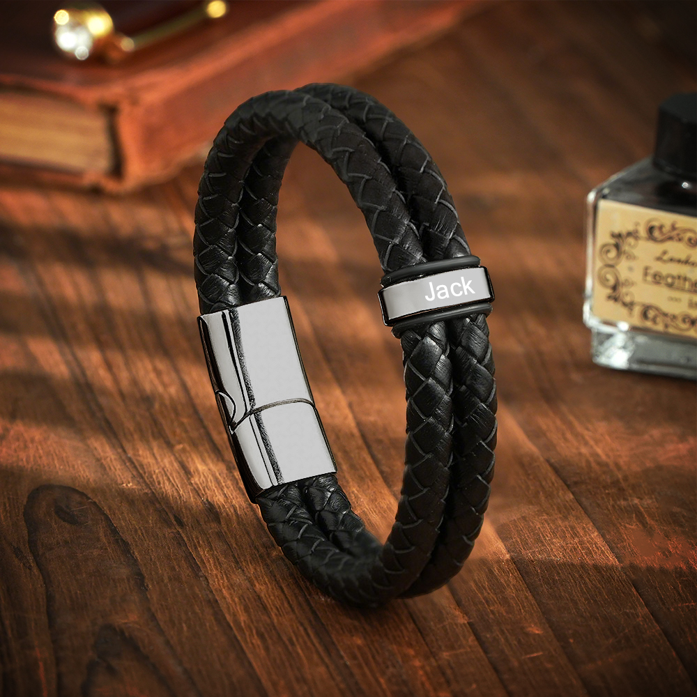 Personalized Engraved Leather Bracelet Custom Bead Braided Leather Bracelet - aiprintlab