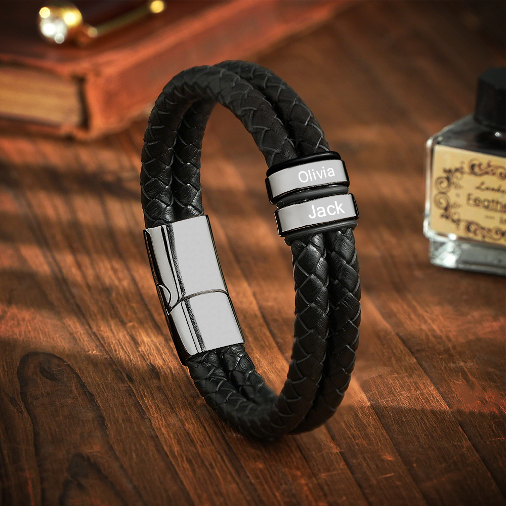 Personalized Engraved Leather Bracelet Custom Bead Braided Leather Bracelet - aiprintlab