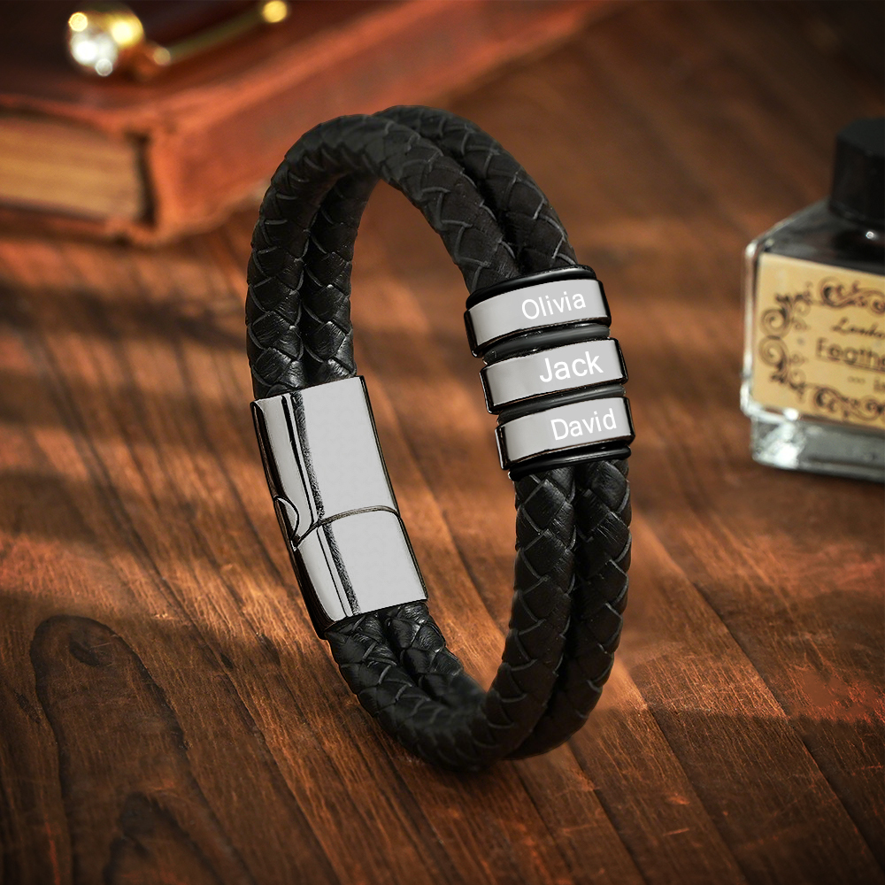 Personalized Engraved Leather Bracelet Custom Bead Braided Leather Bracelet - aiprintlab