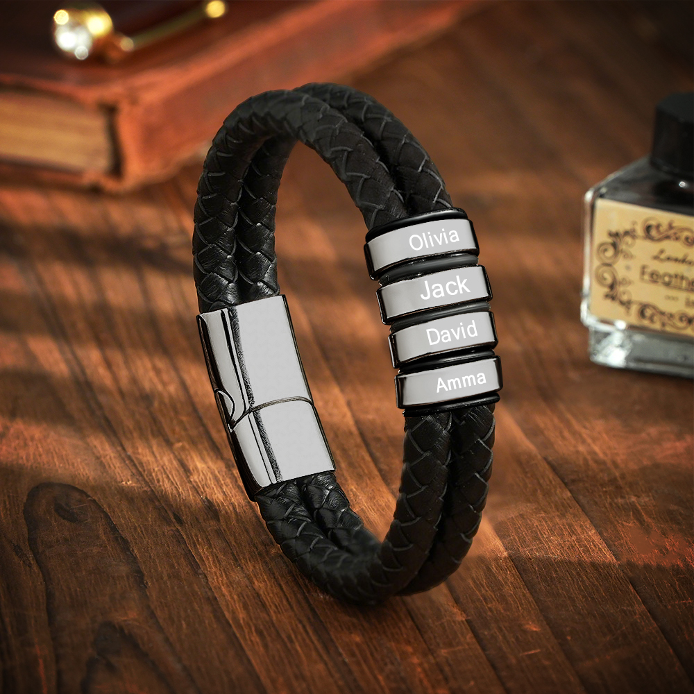 Personalized Engraved Leather Bracelet Custom Bead Braided Leather Bracelet - aiprintlab