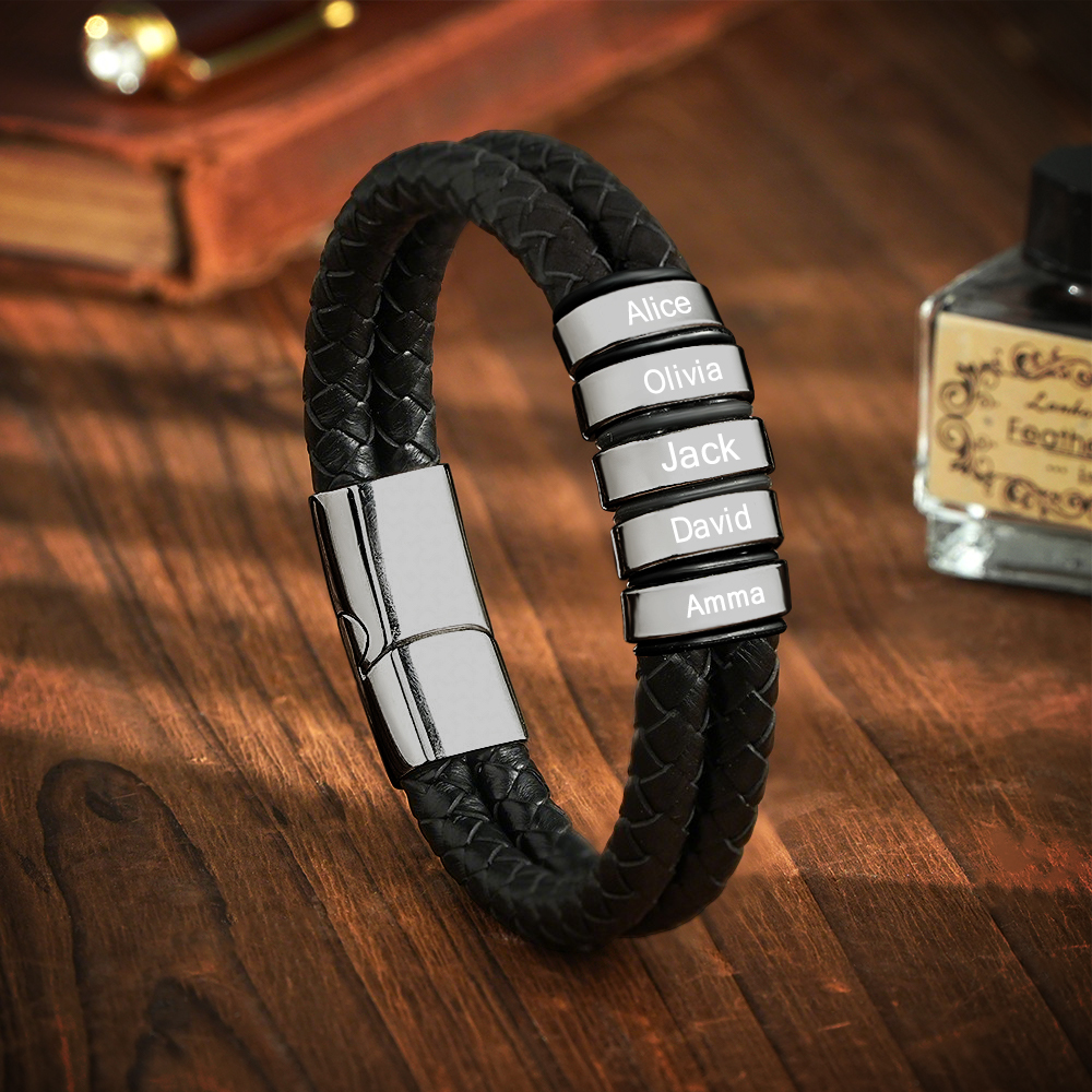 Personalized Engraved Leather Bracelet Custom Bead Braided Leather Bracelet - aiprintlab
