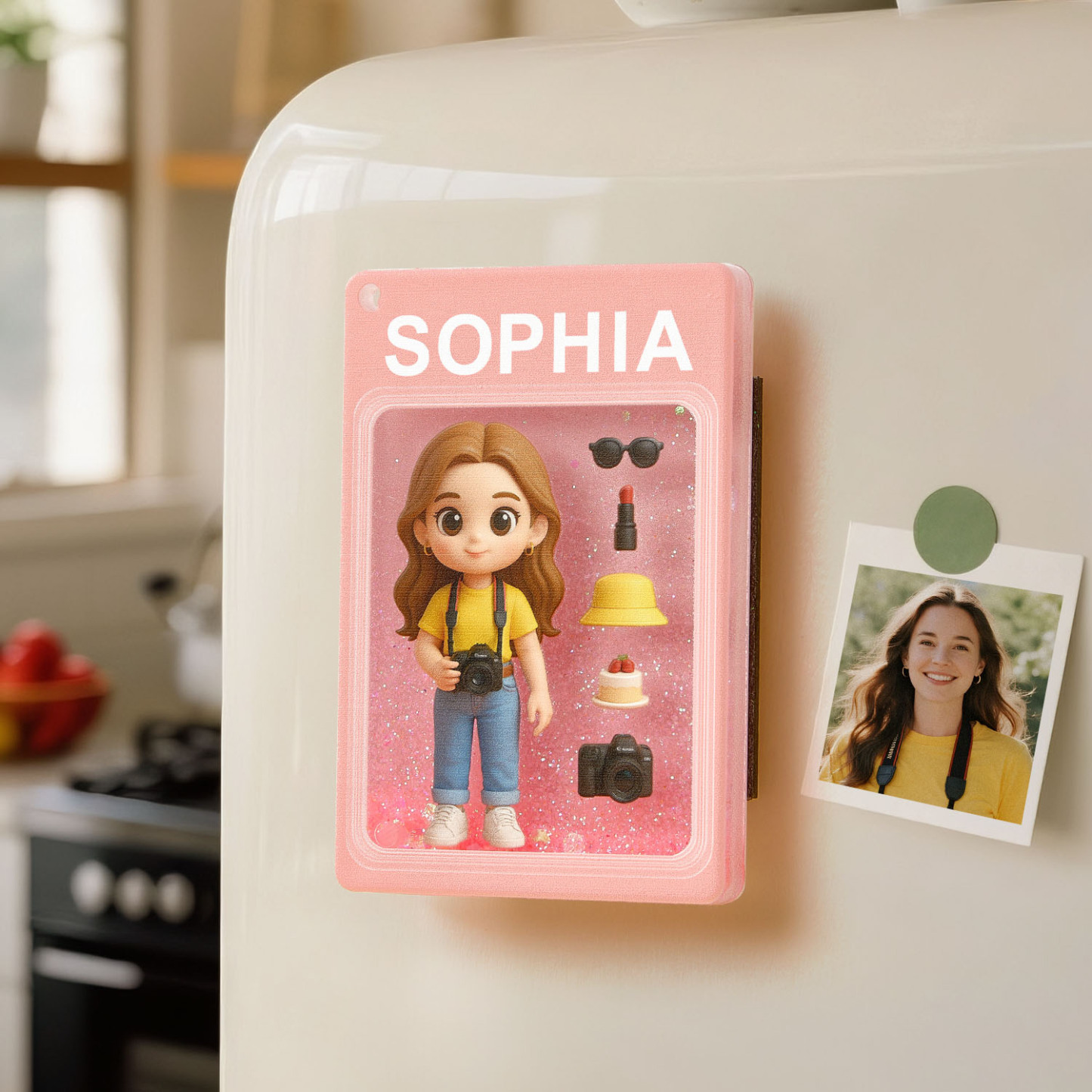 Custom Cartoon Photo Glitter Quicksand Acrylic Fridge Magnet Gift - aiprintlab