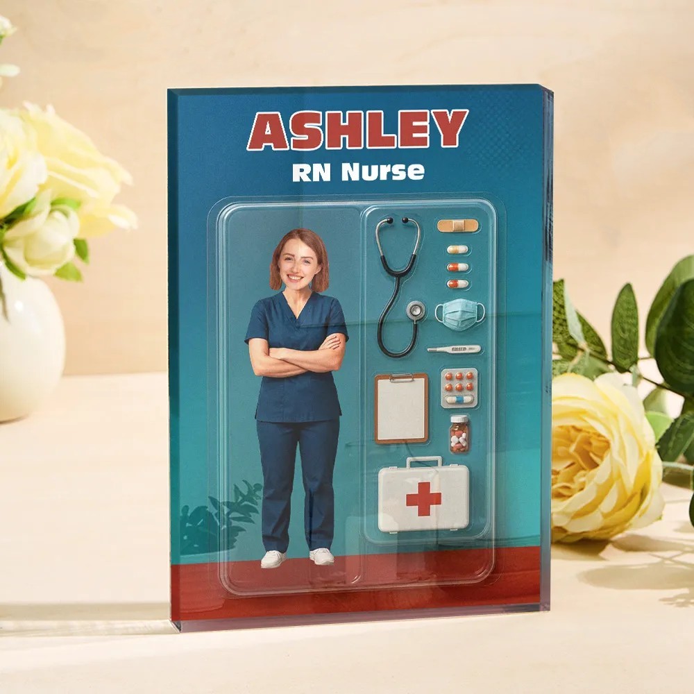 Personalized 3D Effect Nurse Action Figure Customizable Head Packaging Custom Acrylic Block Plaque Gift For Nurse