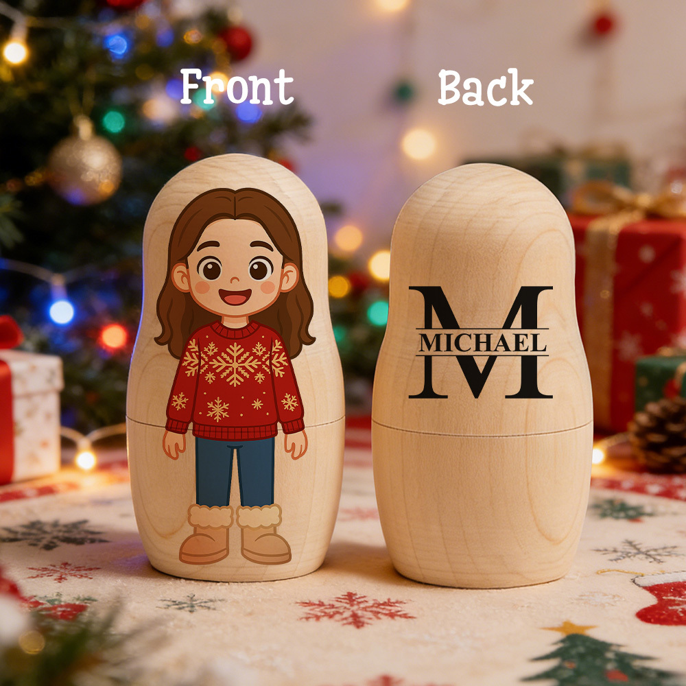 Custom Text Portrait Nesting Doll Family Surnames Custom Name & Photo Family Portrait Cartoon Style Gift Photo - aiprintlab