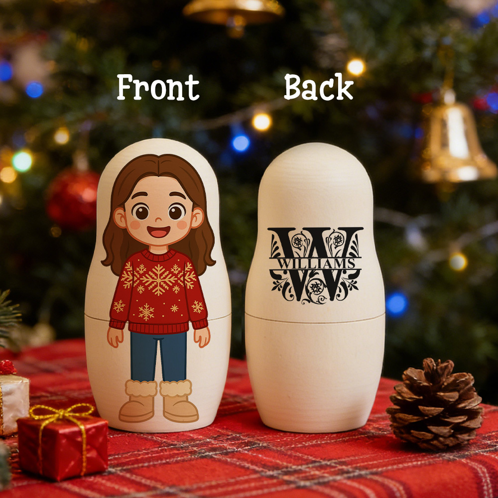 Custom Text Portrait Nesting Doll Family Surnames Custom Name & Photo Family Portrait Cartoon Style Gift Photo - aiprintlab