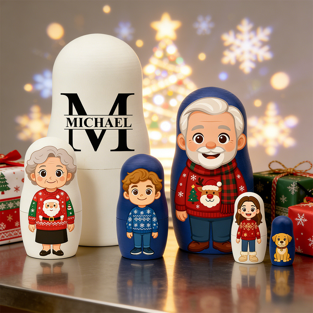 Custom Text Portrait Nesting Doll Family Surnames Custom Name & Photo Family Portrait Cartoon Style Gift Photo - aiprintlab