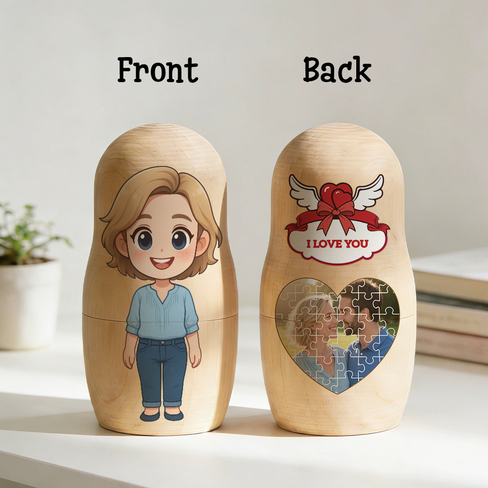 Custom Cartoon Photo Nesting Dolls Personalized Nesting Dolls with Custom Text Heart-Shaped Jigsaw Puzzle Photo Perfect Gifts for Couples - aiprintlab