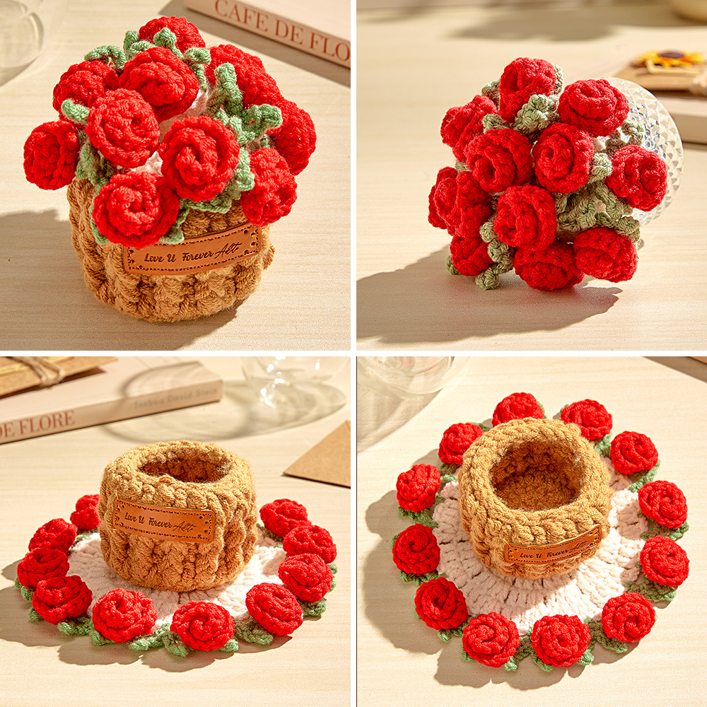 Christmas Gifts Handmade Crochet Rose Bouquet Coaster Set Transformable Floral Coaster & Home Decor Unique Eco-Friendly Gift - aiprintlab